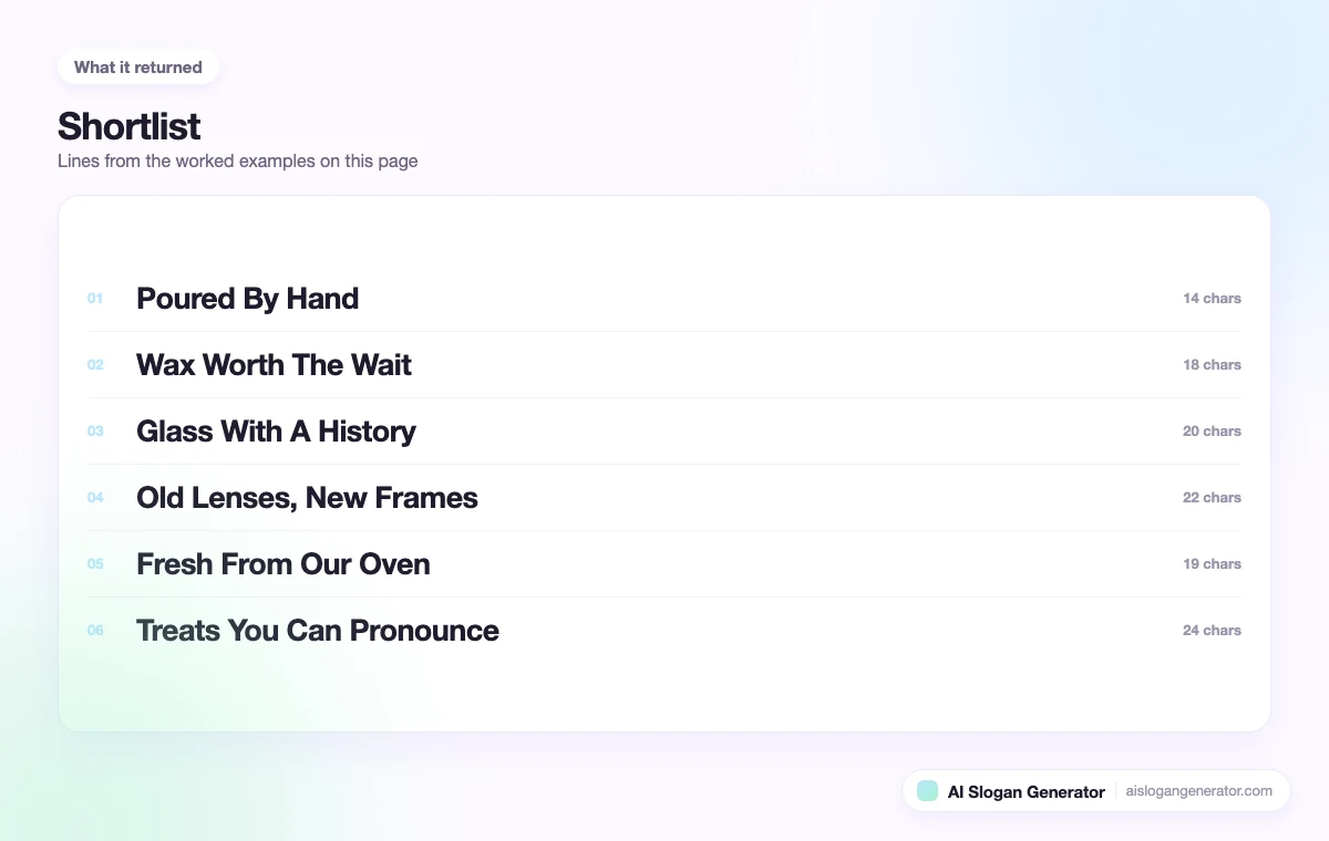 A shortlist of 6 slogans from this page, each with its character count beside it and the ones over the store header budget marked