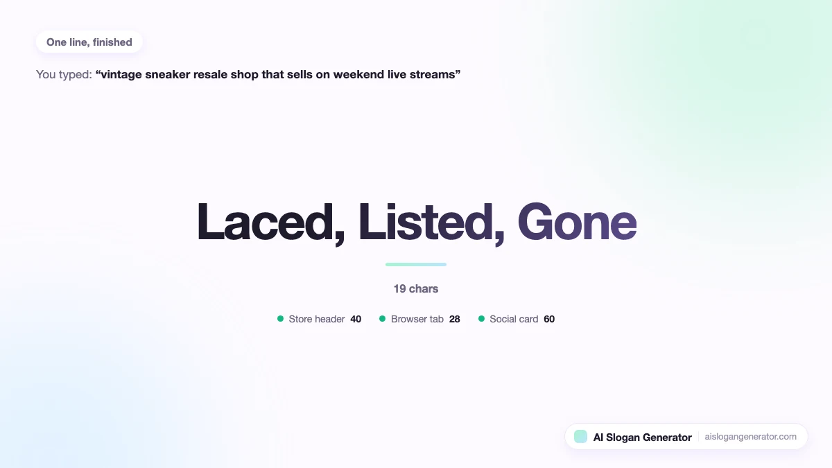 The slogan "Laced, Listed, Gone" set at poster size, with its character count and a tick against the store header, browser tab and share card budgets it fits