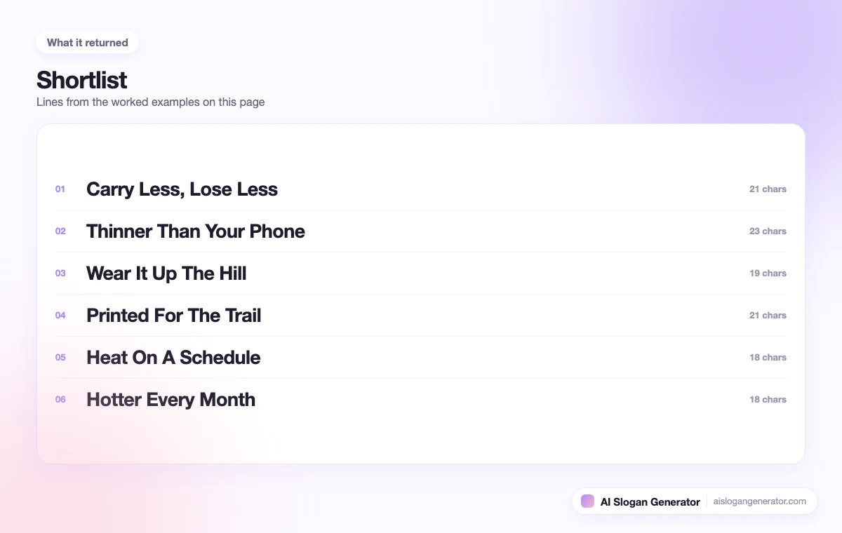 A shortlist of 6 slogans from this page, each with its character count beside it and the ones over the store header budget marked