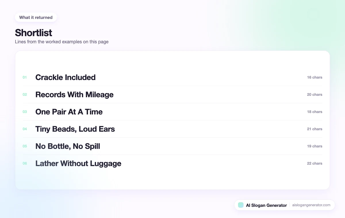 A shortlist of 6 slogans from this page, each with its character count beside it and the ones over the store header budget marked