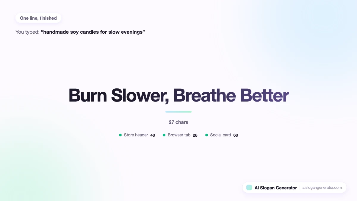 The slogan "Burn Slower, Breathe Better" set at poster size, with its character count and a tick against the store header, browser tab and share card budgets it fits