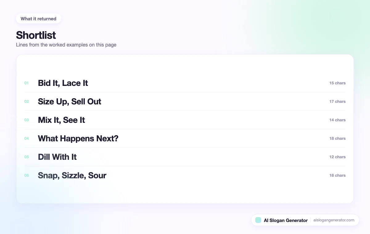 A shortlist of 6 slogans from this page, each with its character count beside it and the ones over the store header budget marked