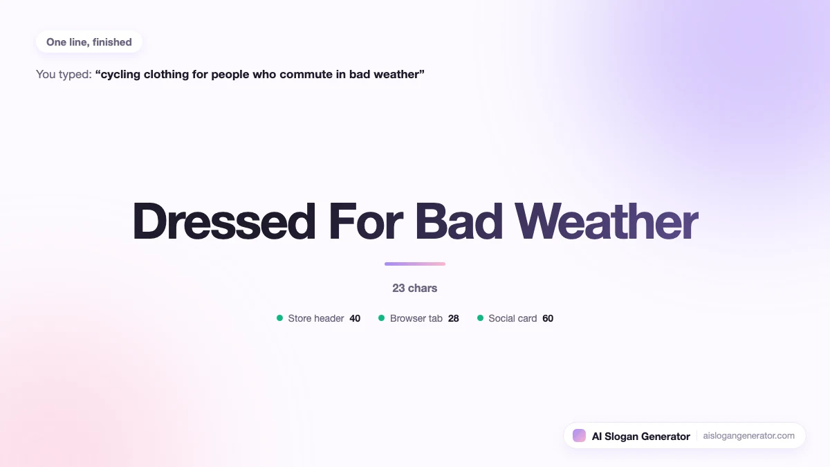 The slogan "Dressed For Bad Weather" set at poster size, with its character count and a tick against the store header, browser tab and share card budgets it fits