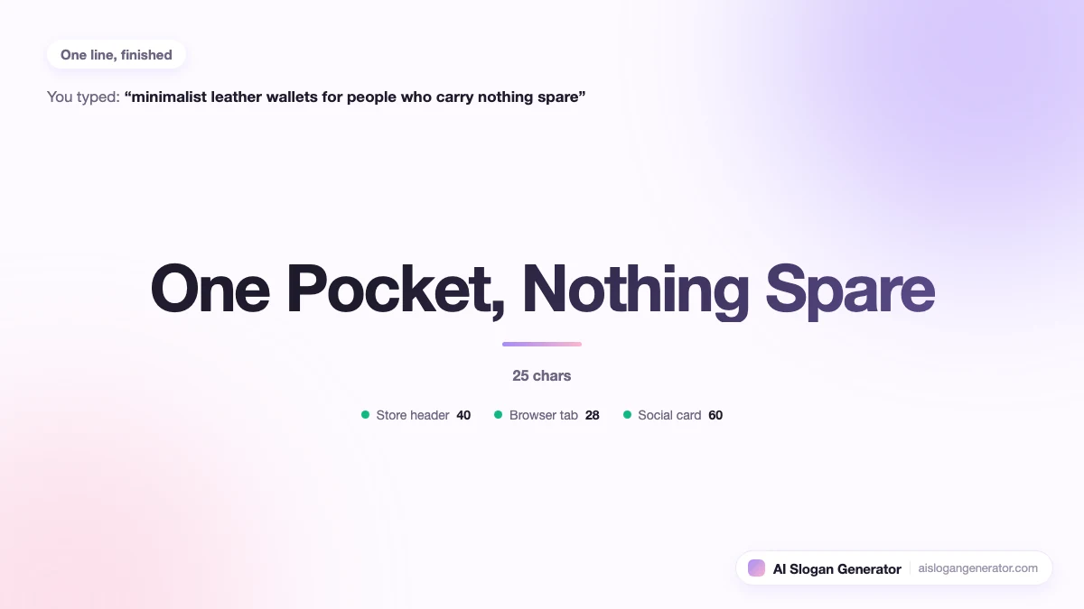 The slogan "One Pocket, Nothing Spare" set at poster size, with its character count and a tick against the store header, browser tab and share card budgets it fits
