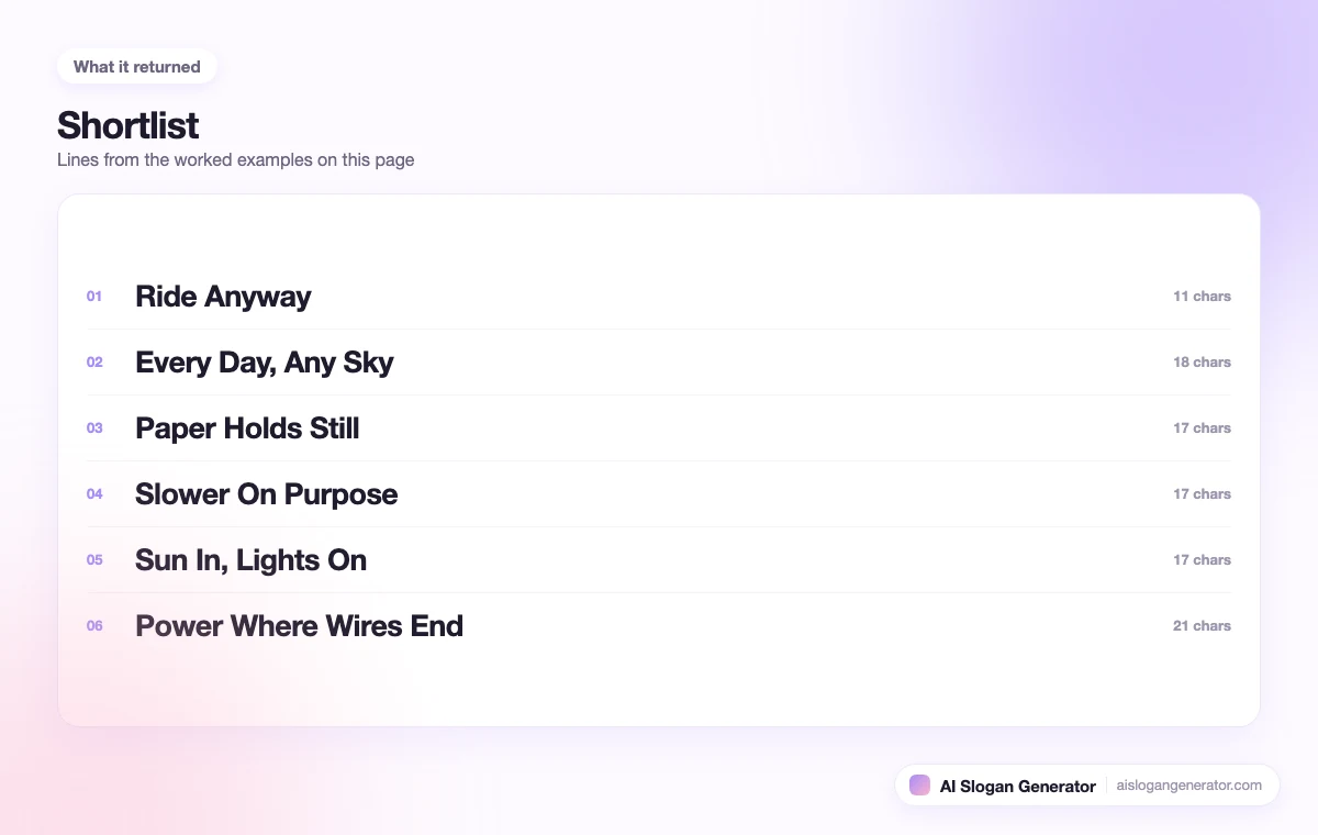 A shortlist of 6 slogans from this page, each with its character count beside it and the ones over the store header budget marked